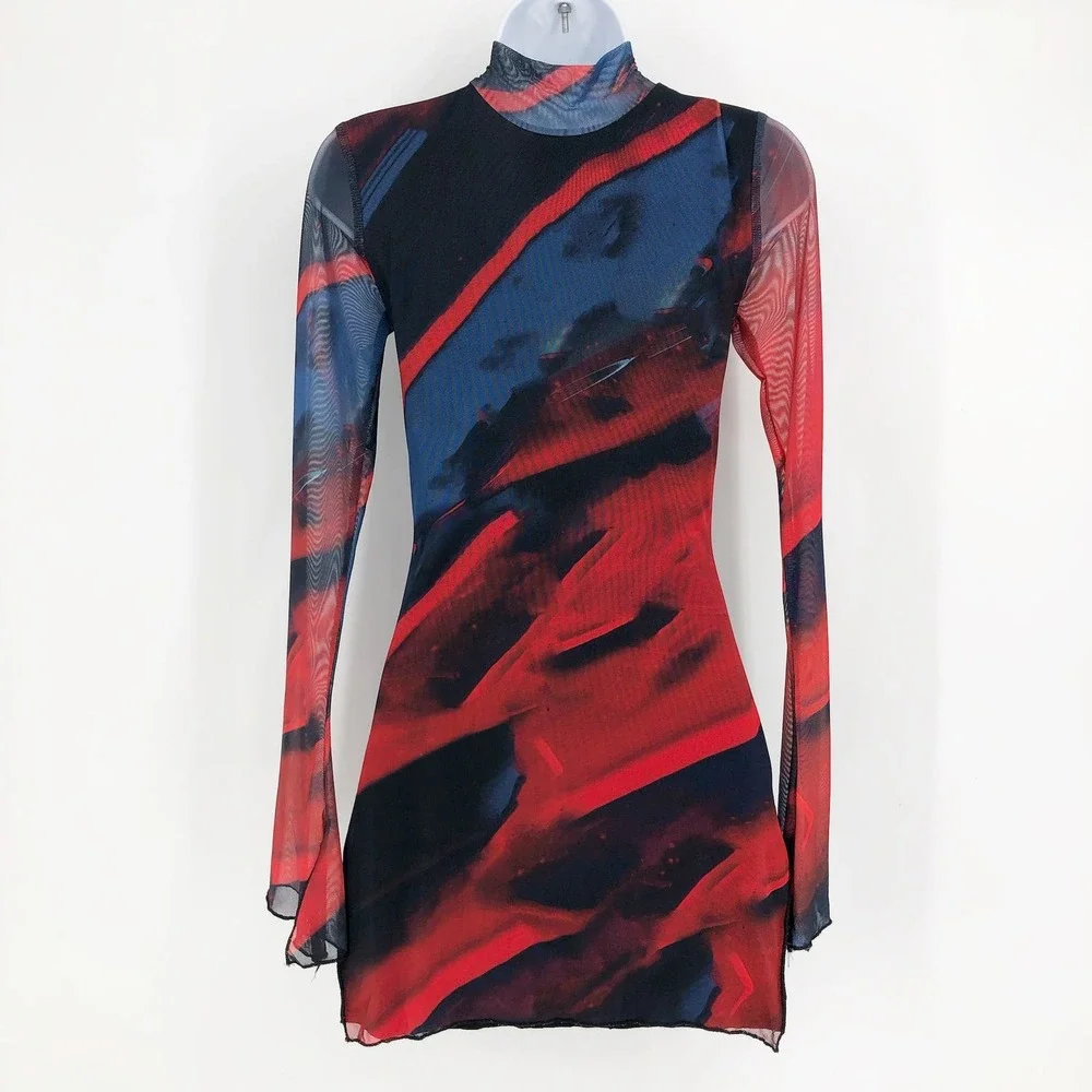 EDIKTED Sparks Fly Mesh Minidress Small Red Mock Neck Abstract NWOT - Picture 7 of 9